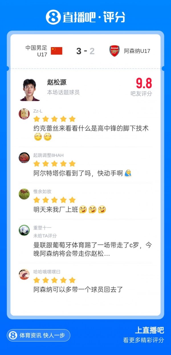 战枪手造两球！吧友为赵松源打出9.8高分，Here we go海报都有了