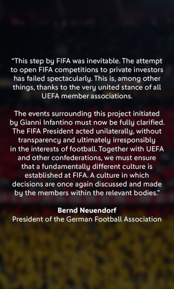 德足协主席：因凡蒂诺独断专行，必须确保FIFA塑造全新的组织文化
